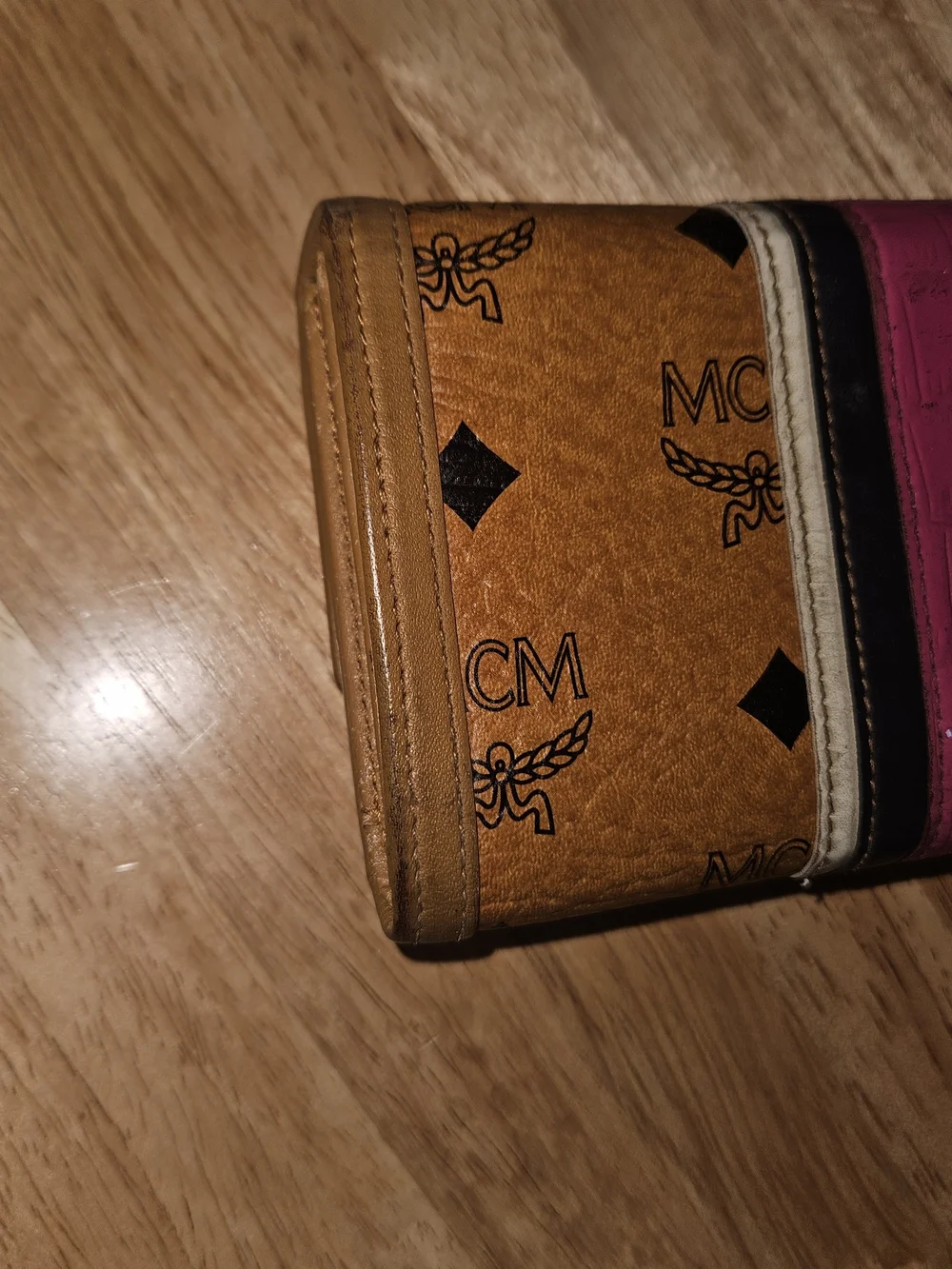 MCM Cognac Logo Trifold Wallet with Pink Stripe